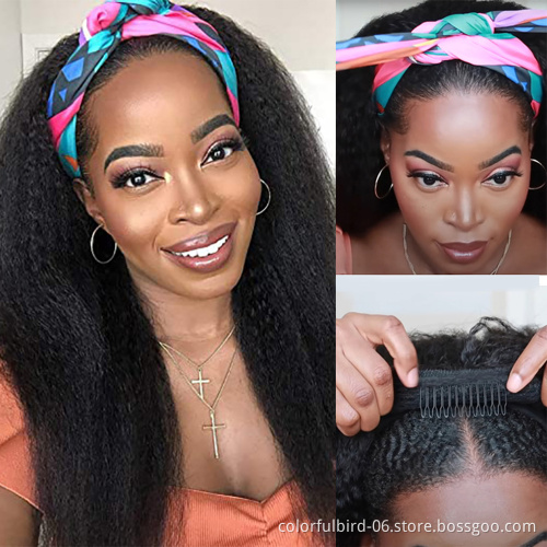 Kinky Straight Wig With Headband Attached 180% Brazilian Affordable Kinky Straight Headband Wig Human Hair Glueless Scarf Wig